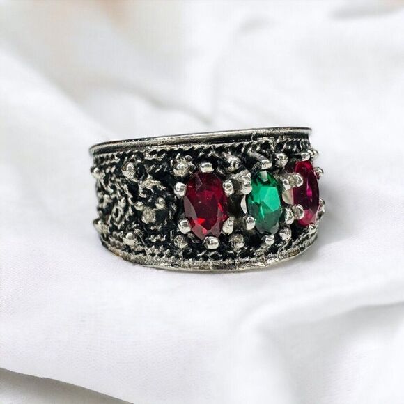 Vintage 10k White Gold Turkish Ring Sz 6.5 Ruby Emerald Sapphire 10mm Band 5.5g - Picture 3 of 16